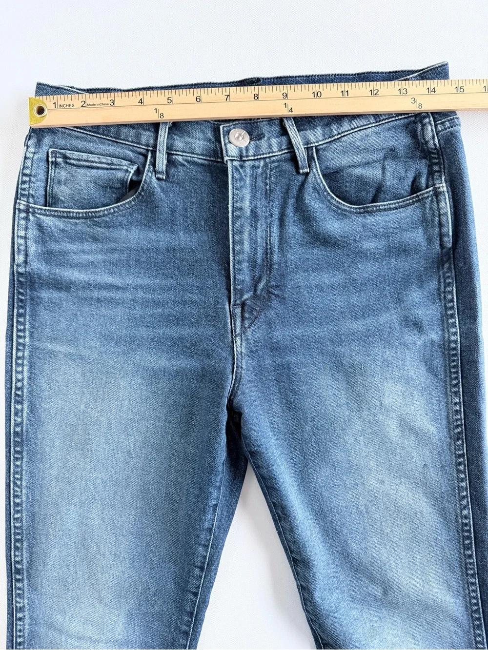 3x1 NYC Raw Hem Straight Leg Jeans 29 Mid Rise Stretch Blue Denim Frayed Hem